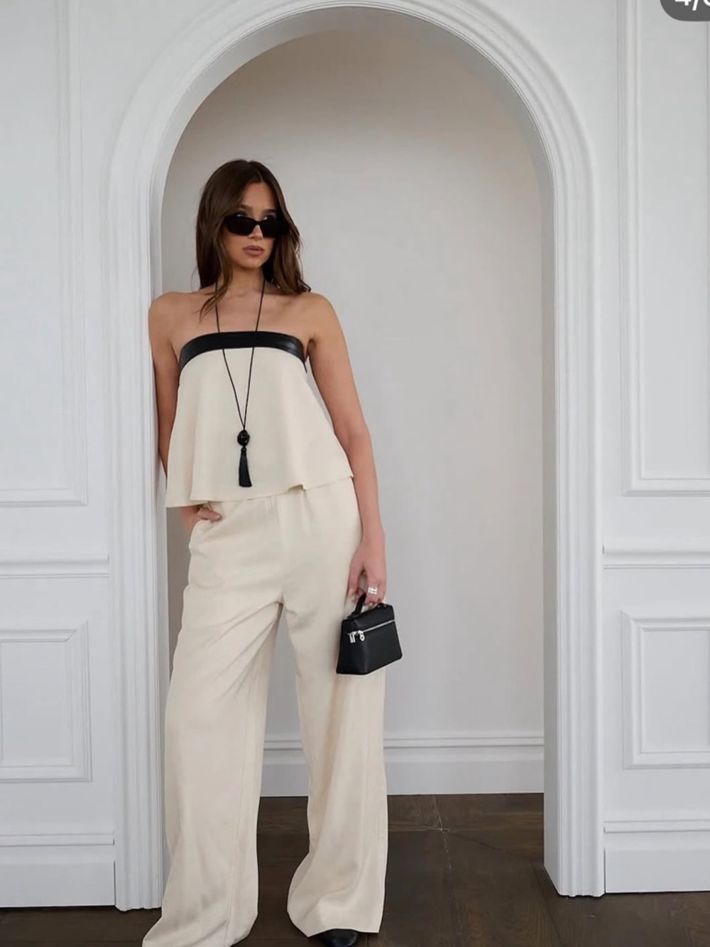 WeWore What Strapless Two-Piece Linen Set in Taupe with Faux Leather